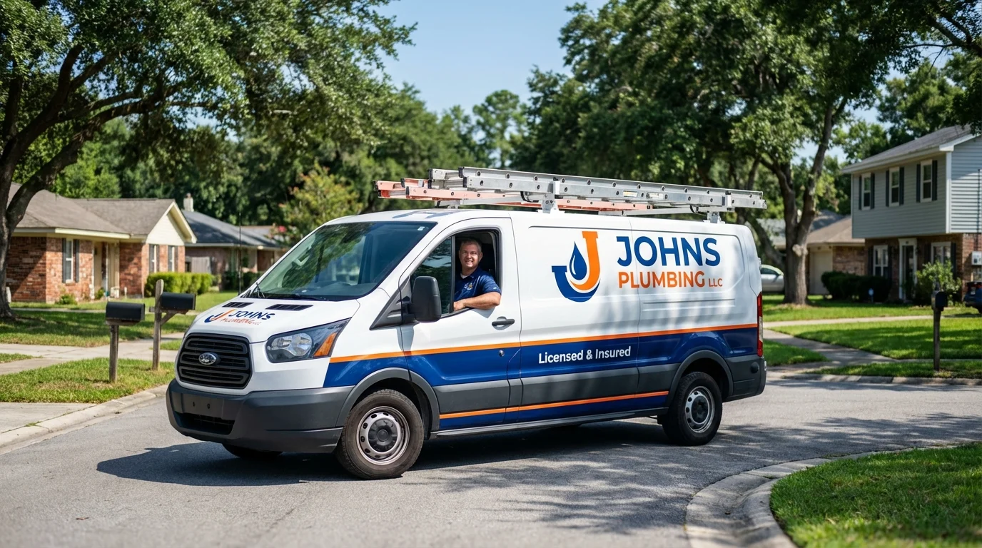 Johns Plumbing LLC service van in Medford, NY