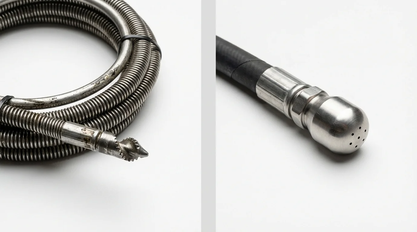 Drain snake cable and hydro jetting nozzle used for drain cleaning in Medford, NY