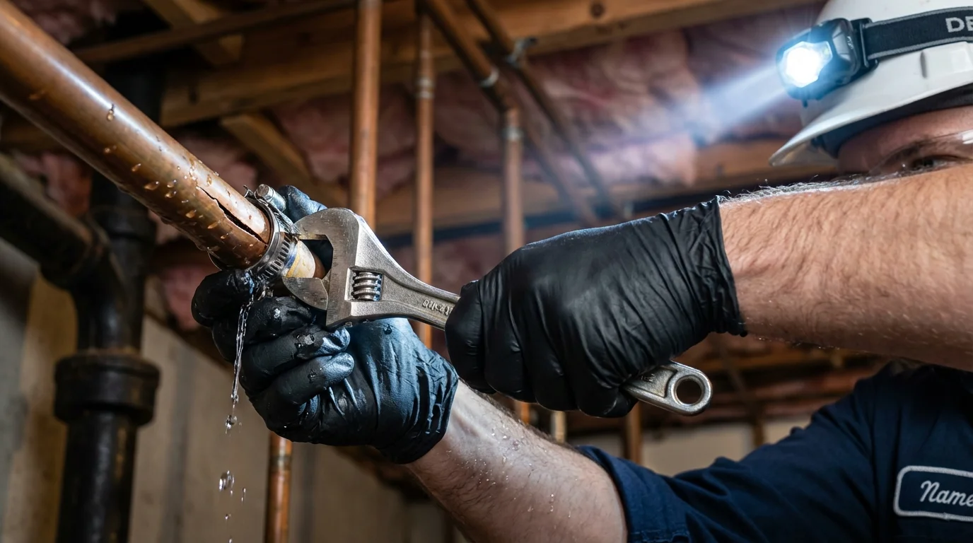 Emergency pipe clamp repair being performed by a Johns Plumbing LLC plumber in Medford