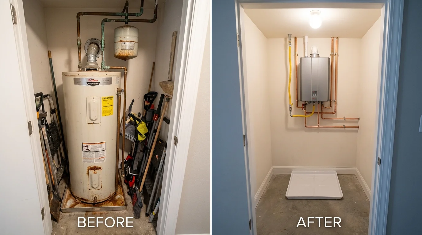 Tank water heater versus wall-mounted tankless unit comparison for Medford, NY homeowners