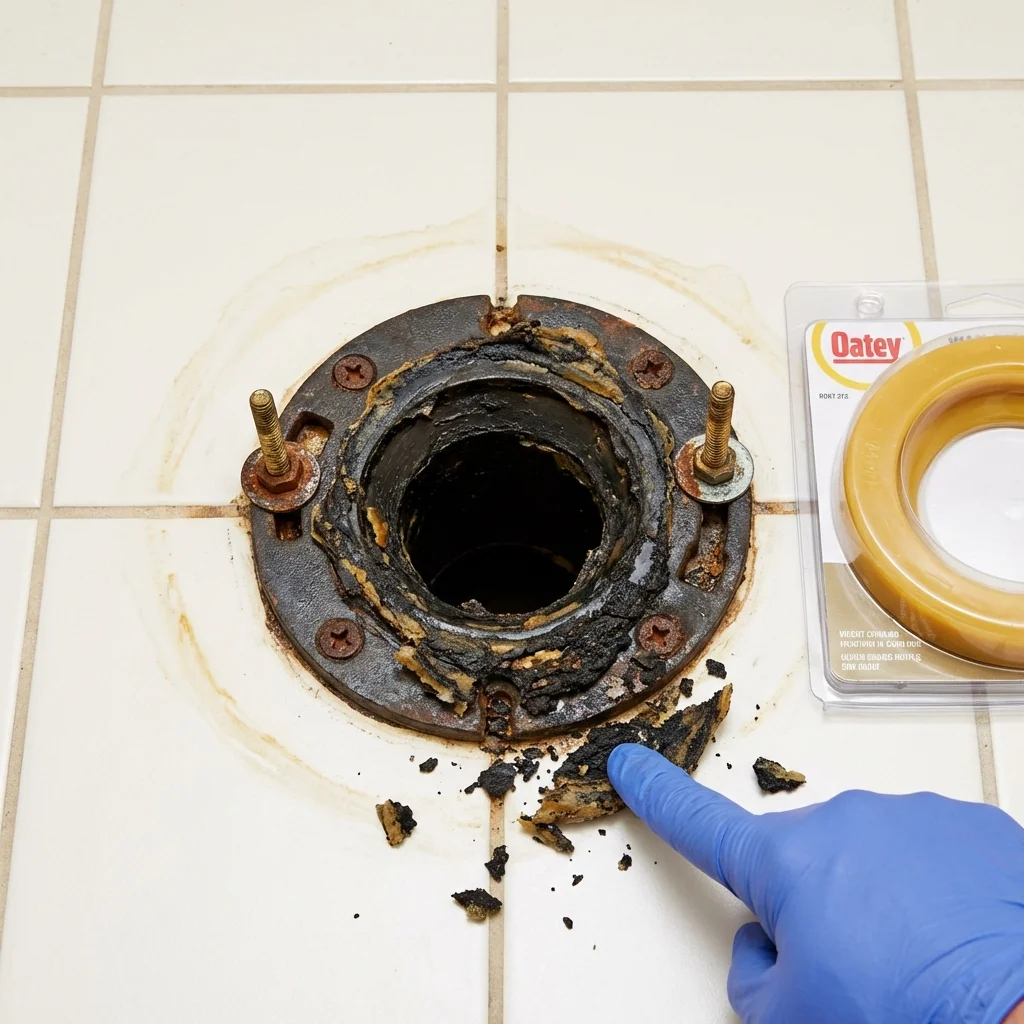 Failed wax ring showing water seepage at the base of a toilet in a Medford, NY home