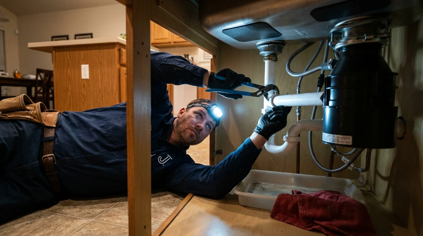 P-trap and supply line connections under a kitchen sink showing a common leak point in Medford, NY
